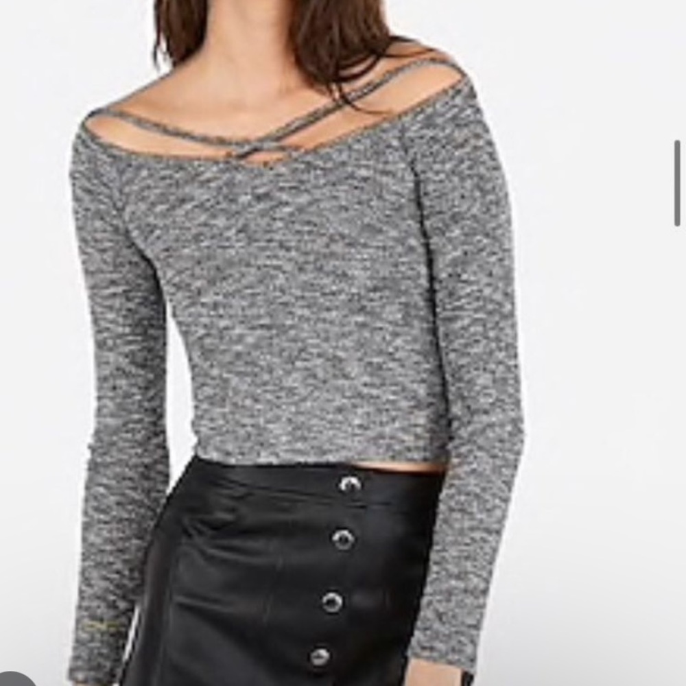 EXPRESS long sleeve strappy ribbed crop top gray